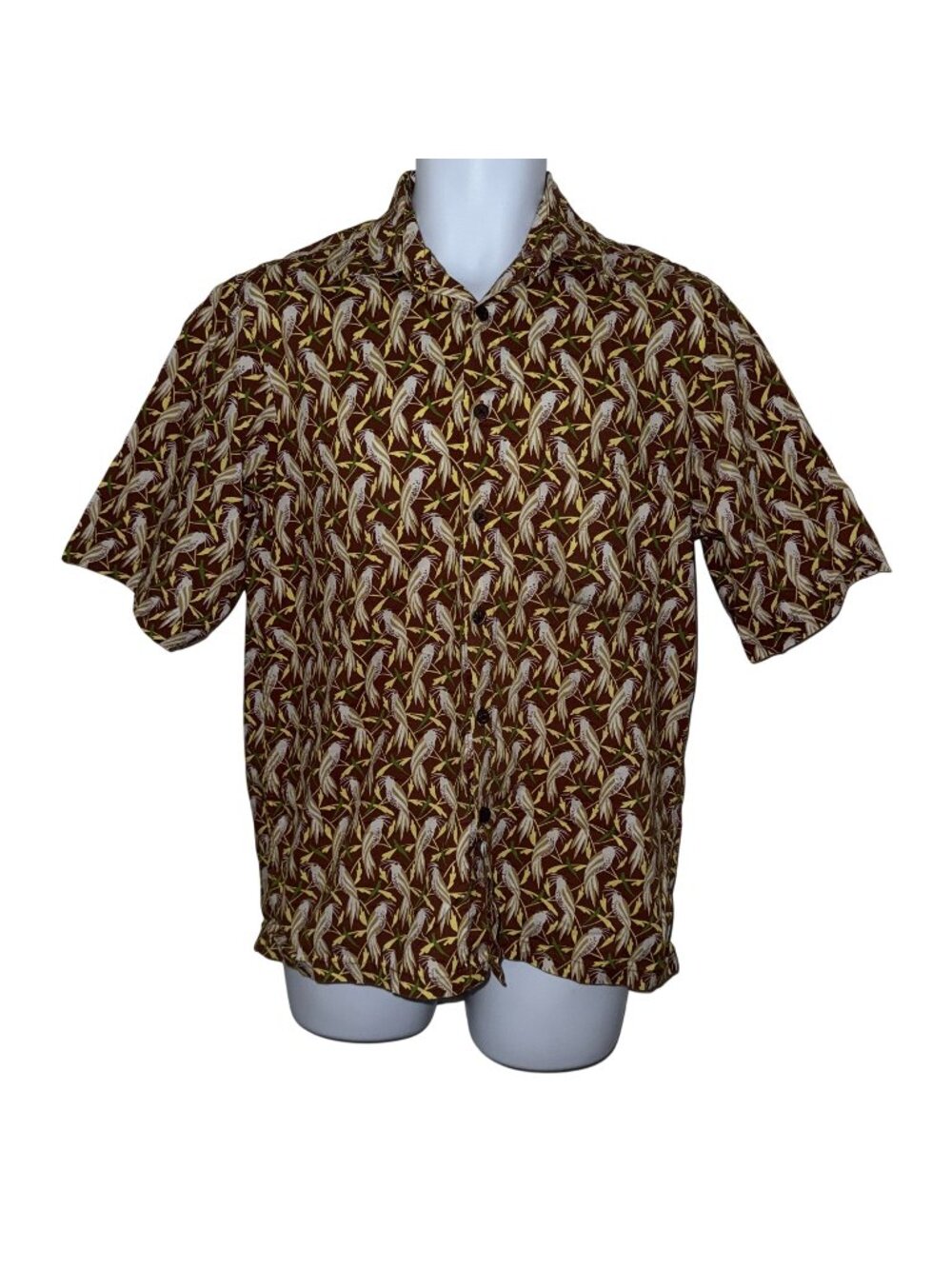 VTG Reyn Spooner Button Shirt Mens S Exotic Bird Hawaiian Parrot Shirt Brown